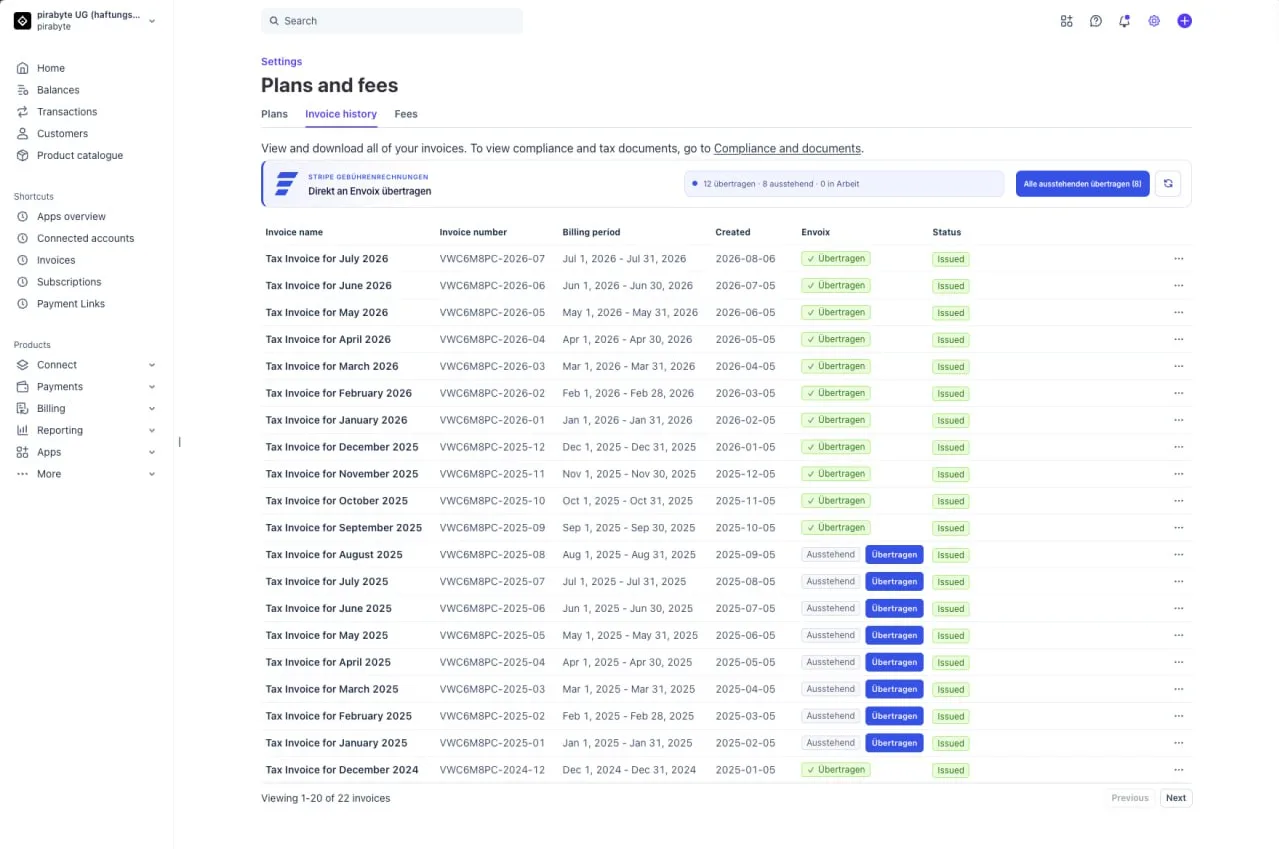 Stripe-Gebührenrechnungen mit der Envoix Chrome-Erweiterung direkt im Stripe-Dashboard übertragen